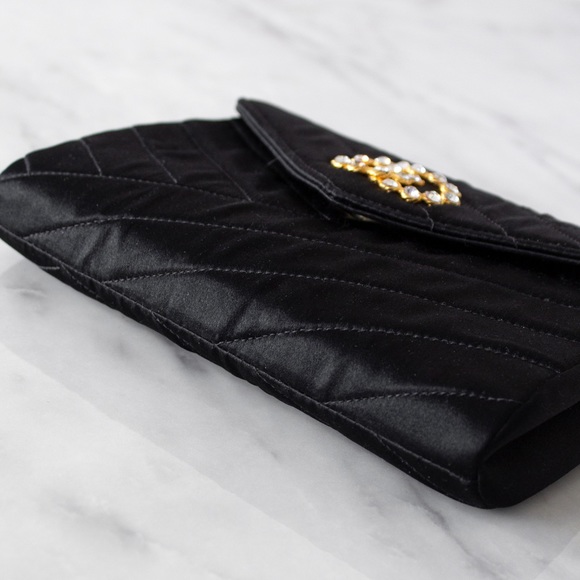 Chanel Vintage 1992 Black Gold Crystal Embellished CC Satin Diagonal Evening Bag - Picture 7 of 13